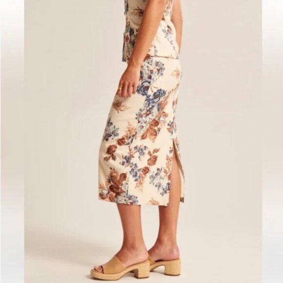 Abercrombie Linen Blend Column Midaxi Skirt (XL)  floral print slit summer - Picture 2 of 9
